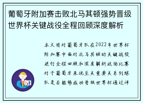 葡萄牙附加赛击败北马其顿强势晋级世界杯关键战役全程回顾深度解析